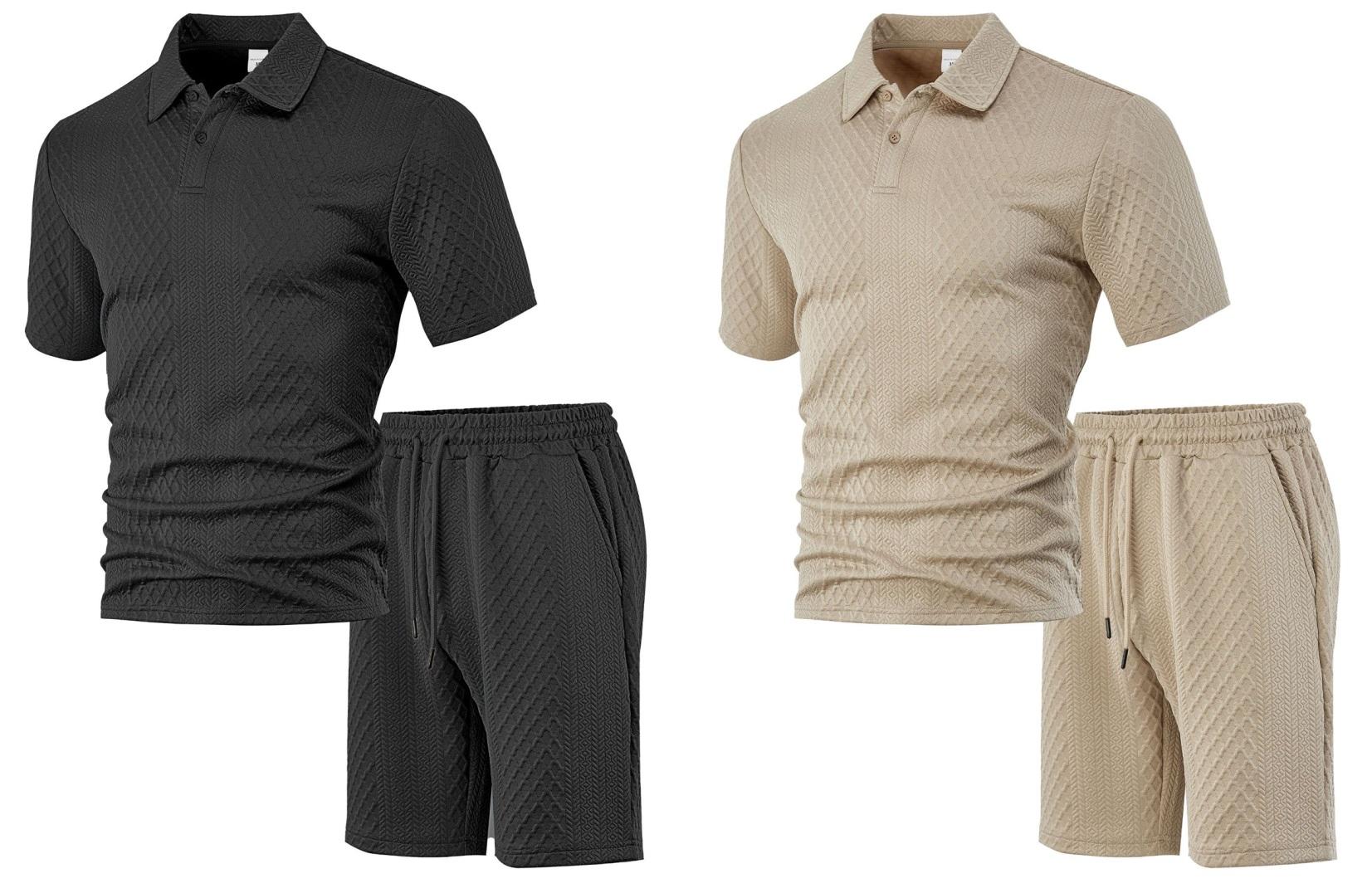 Trending Men’s Polo & Shorts Set, Jacquard Texture Summer Outfit, Lightweight Breathable Sport Set, Streetwear Matching Set