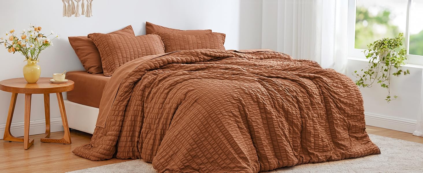 Seersucker Terracotta King Size Comforter 7,, King a Bag Comforter with Comforter, Flat Sheet, Sheet, Pillowcase and Pillow Sham