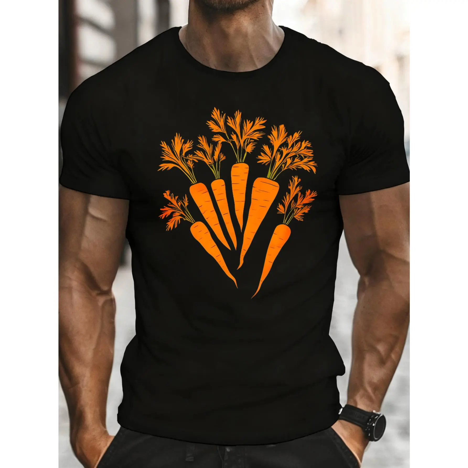 Men's Fashion Short-Sleeve Cotton T-Shirt - Simple, Stylish, Round Neck, Breathable, Orange Carrot Vegetable Print, Streetwear Menswear, Summer Daily Wear, Gift For Gardening Enthusiasts, Tshirt