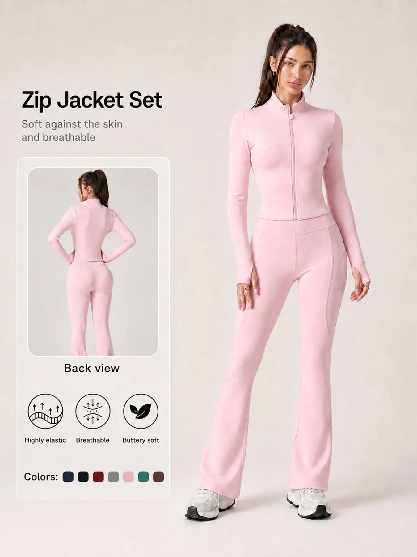 Women’s 2 Piece Workout Set Solid Color Stand Collar Zip Up Jacket Long Sleeve Flare Pants with Thumb Holes Comfortable Breathable 4 Way Stretch High Waist Butt Lifting Shaping Yoga Outfit for Gym Training Outdoor Running Casual Versatile Fitness Set