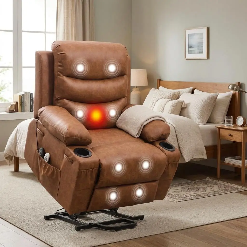 Oversized Power Lift Recliner Chair with Wide Seat, Electric Massage, Heated Reclining, Stand Assist, Adjustable Backrest & Footrest, 2 Cup Holders, Side Pocket, PU Leather, 350 lbs Capacity
