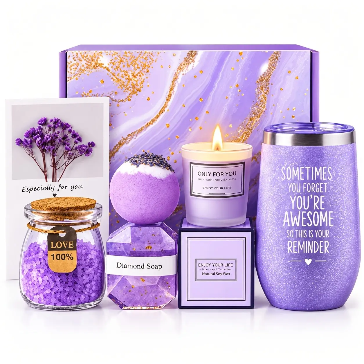 7-Piece Lavender Self-Care Gift Set for Women, Includes Insulated Cup, Scented Candle, Bath Ball, Soap, Bath Salt, Floral Card, Ideal for Special Occasions