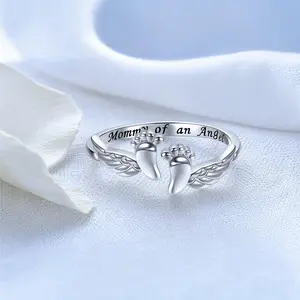 Mommy of an Angel Engraved Cuff Ring Adjustable Letter & Wing Design Angel Wing Foot Shape Open Hug Ring Gift for Mom Girlfriend Wife Friend