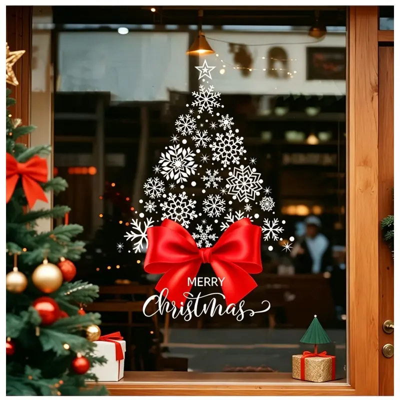 Christmas window decals, featuring red bowknot snowflake Christmas tree glass stickers, perfect for festive party decorations and scene setup, fully static adhesive window and door decals