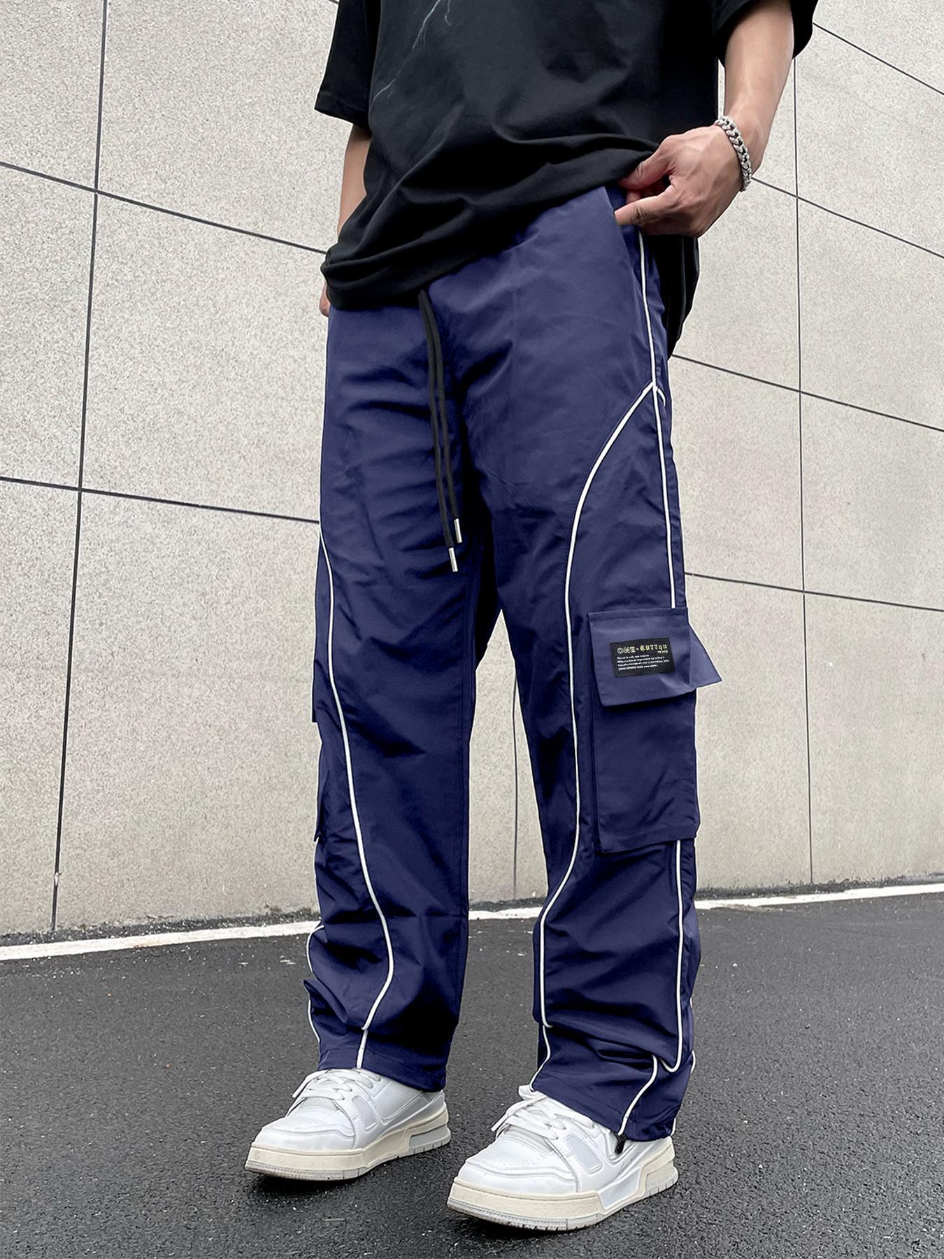 Men's Loose Letter Patched Contrast Binding Pocket Detail Drawstring Cargo Pants, Mens Pants, Casual Trousers for Spring Fall Winter