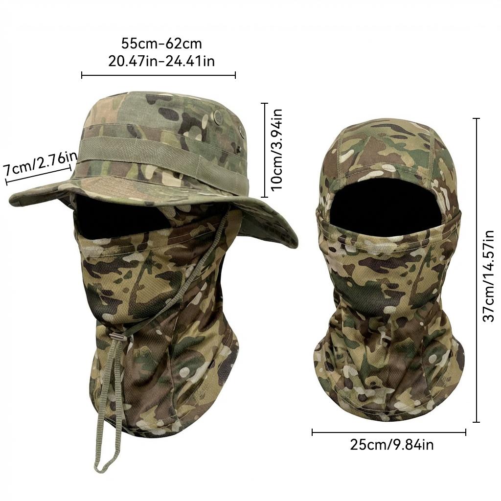 Camouflage Round-Edge Outdoor Bucket Hat Set, Detachable Neck Flap & Face Cover for Sun Protection, Breathable Mesh Vents for Hiking, Camping, Fishing, and Tactical Outdoor Activities