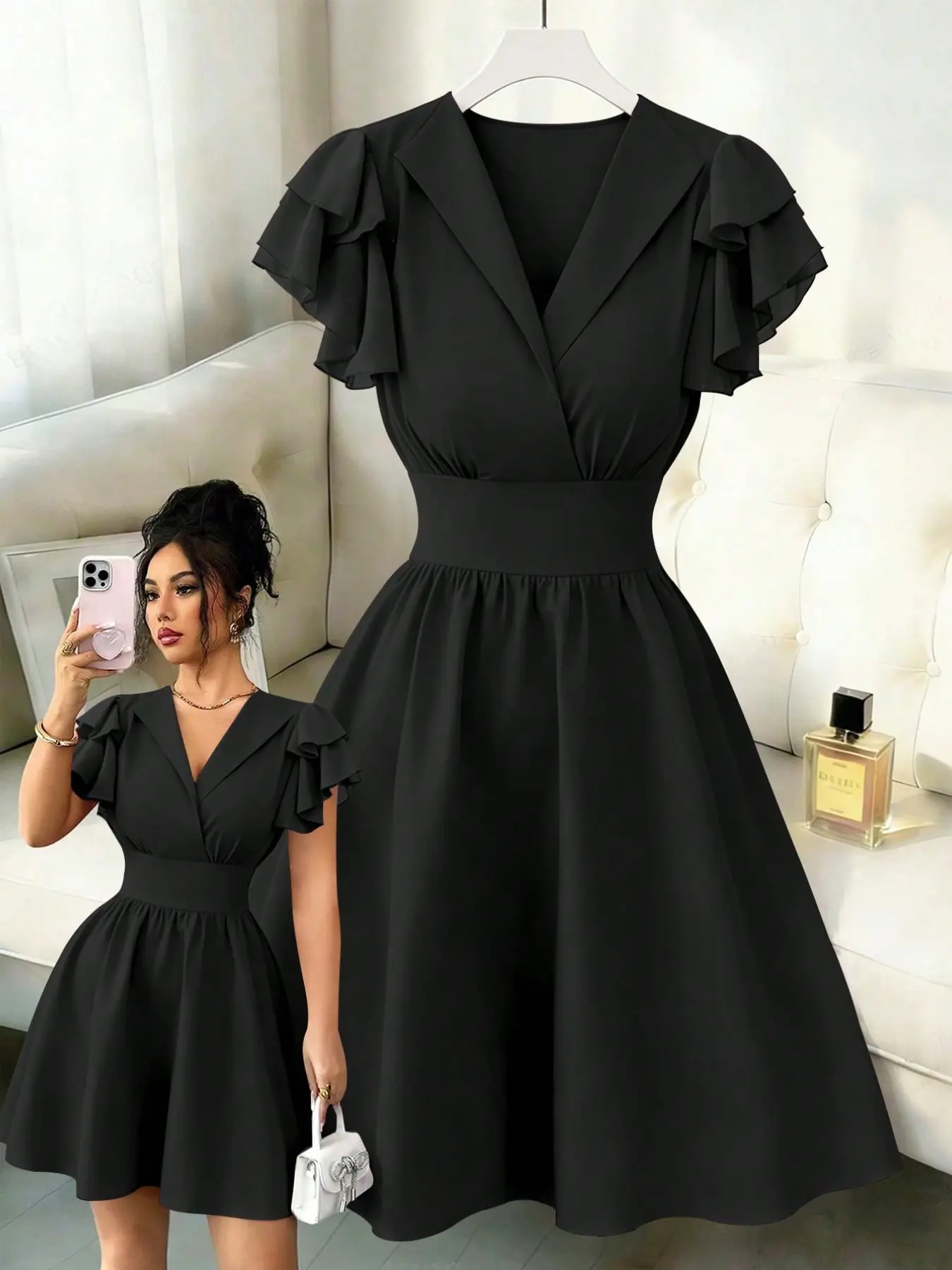 New Women's Chiffon Dress with Ruffle Sleeves, Elegant Short Dress for Vacation and Daily Wear, Versatile and Stylish Summer