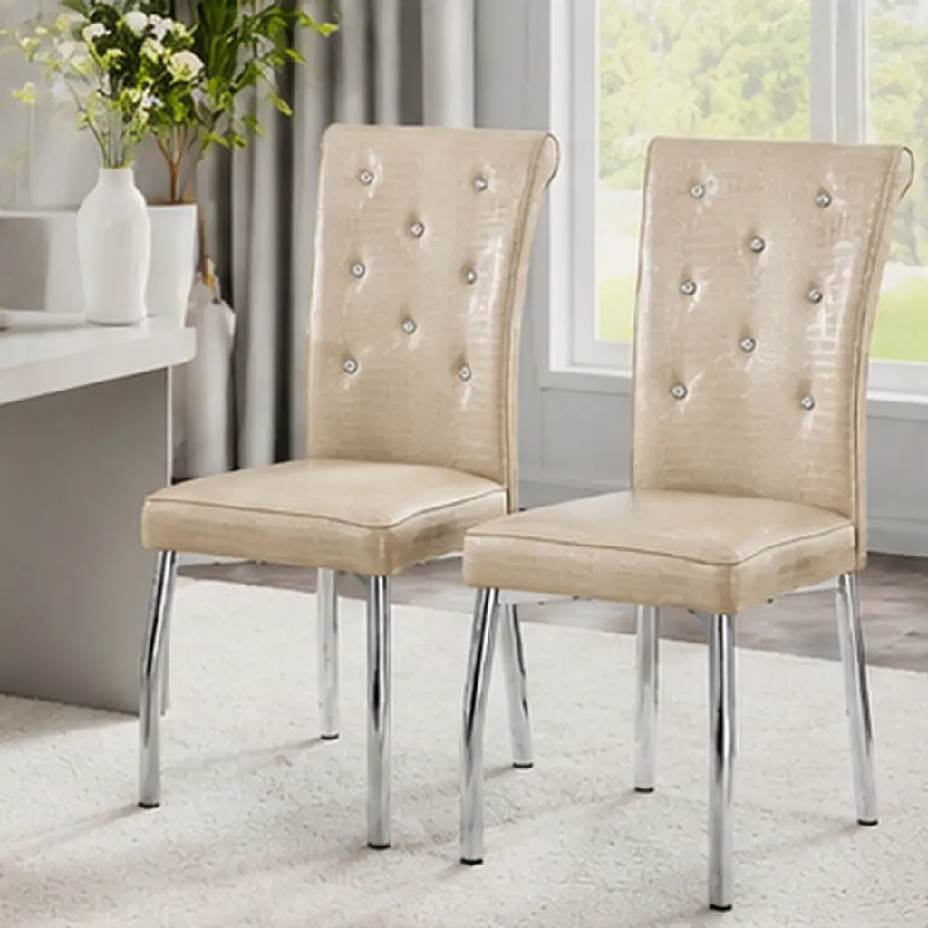 ARCH Set of 2 Vintage Crocodile Leather Cushioned Dining Chairs with Crystal Buckle Accents, Faux Alligator Skin Upholstered, PVC Leather, Silver Metal Legs, 400 lbs Capacity, Beige, for Dining Room Kitchen, Beige/Black/Black+Gold/Gold Color Options