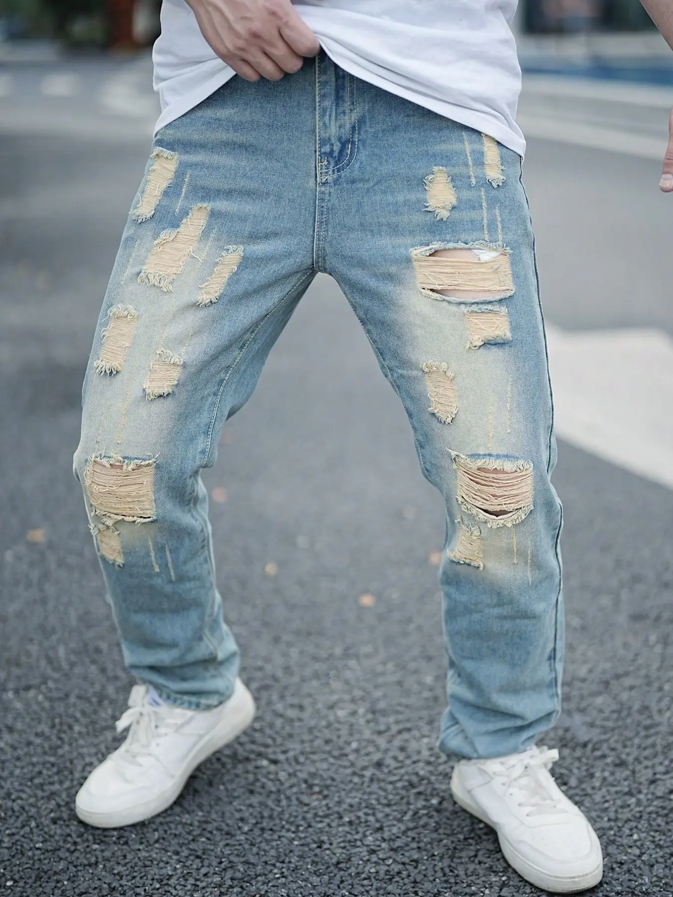 Men's High Street Denim Jeans, Spring Summer Fall Fashion, Trendy Ripped Patch Beggar Style, Loose Fit Straight Leg Long Pants, Destroyed Hole Jeans