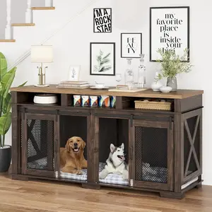 Double Wide Wooden Dog Crate Furniture for 2 Large Dogs, Indoor Heavy Duty Kennel End Table with Sliding Barn Mesh Doors, Rustic Brown Dog Cage with Open Storage Compartments, Decorative Pet House for Living Room