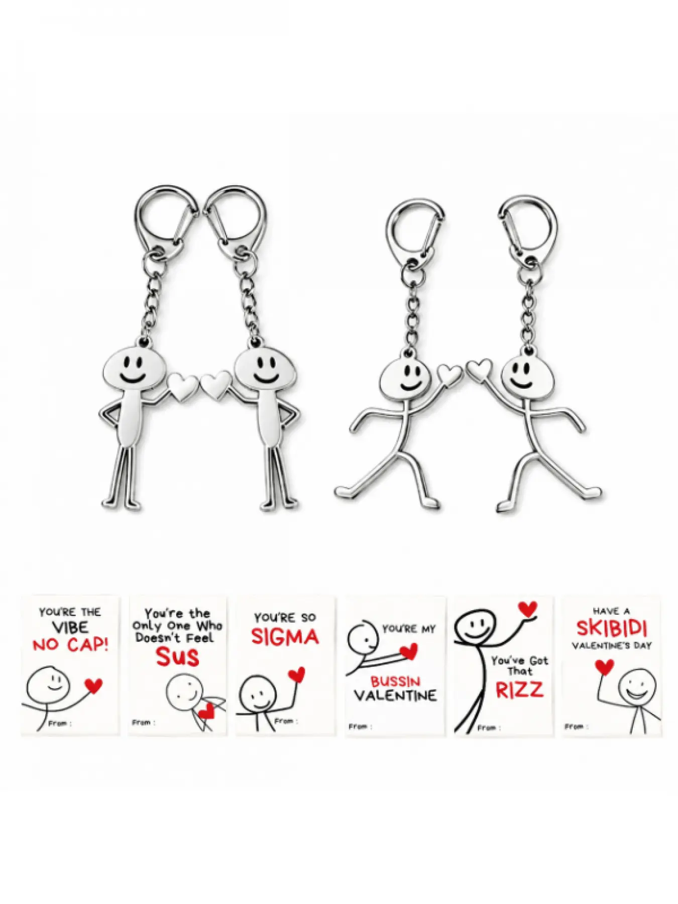Cute Cartoon Stick Figure Heart Hands Stainless Steel Keychain, Graffiti Matchman Couple Key Ring, Romantic Valentine's Day Gift for Lovers, Matching Keychains