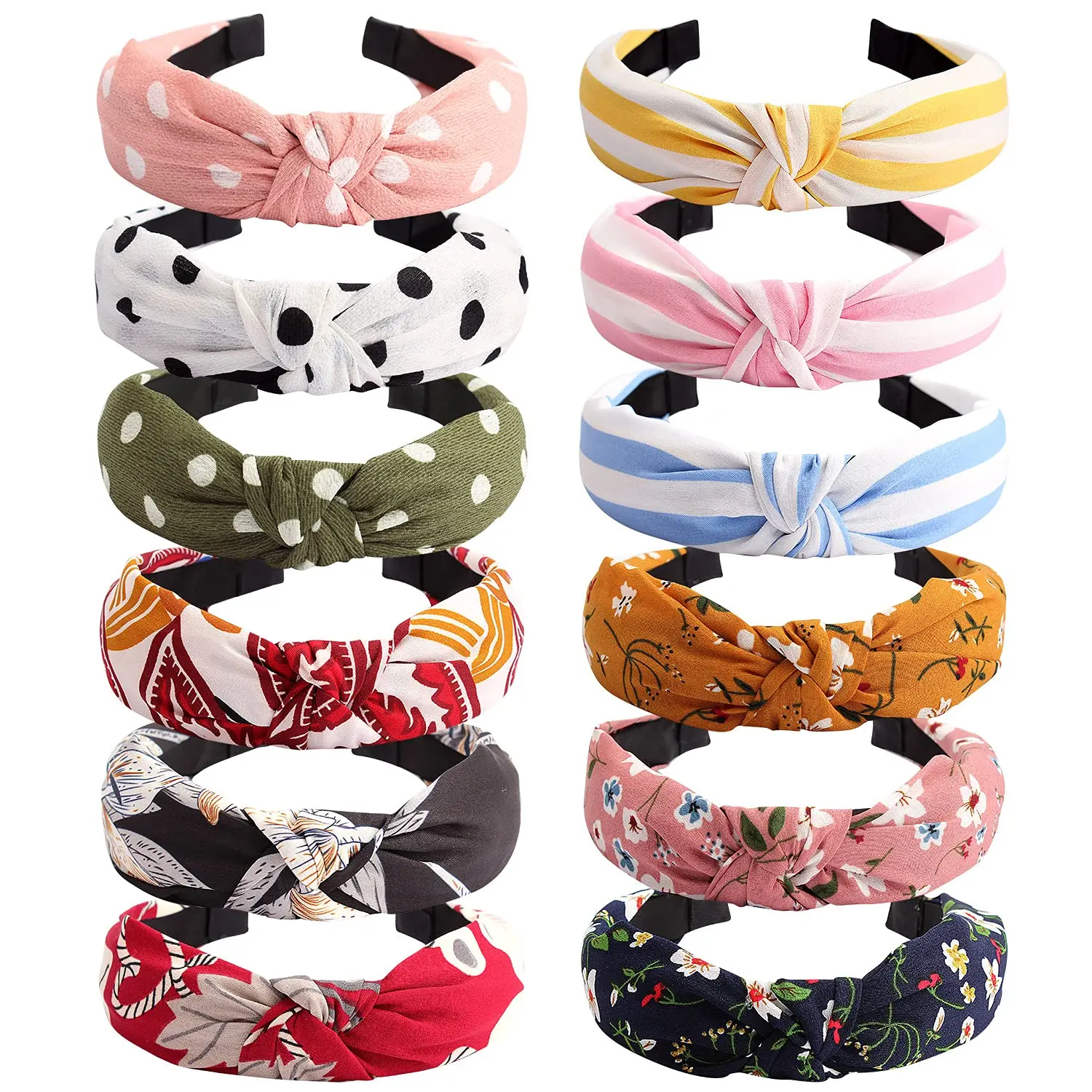 Women's Elastic Wide Band Knotted Turban Headbands - 12 Pack Boho Bandeau Hair Accessories, 1 Size, for Washing Face, Yoga, Traveling, One Size