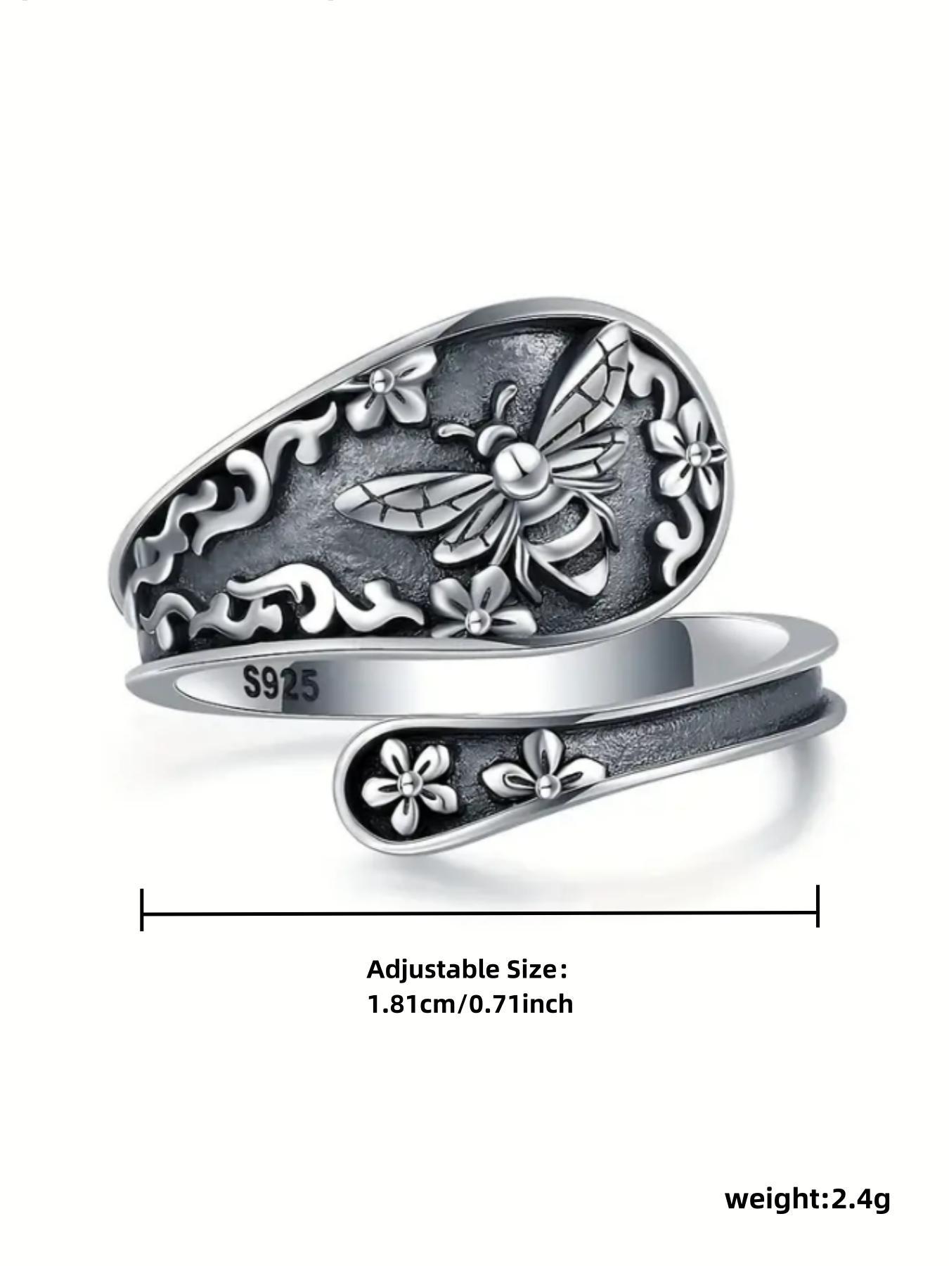 925 Sterling Silver Vintage Bee Design Cuff Ring, 2024 New Style Adjustable Ring for Women & Men, Fashion Jewelry Accessories for Daily Wear