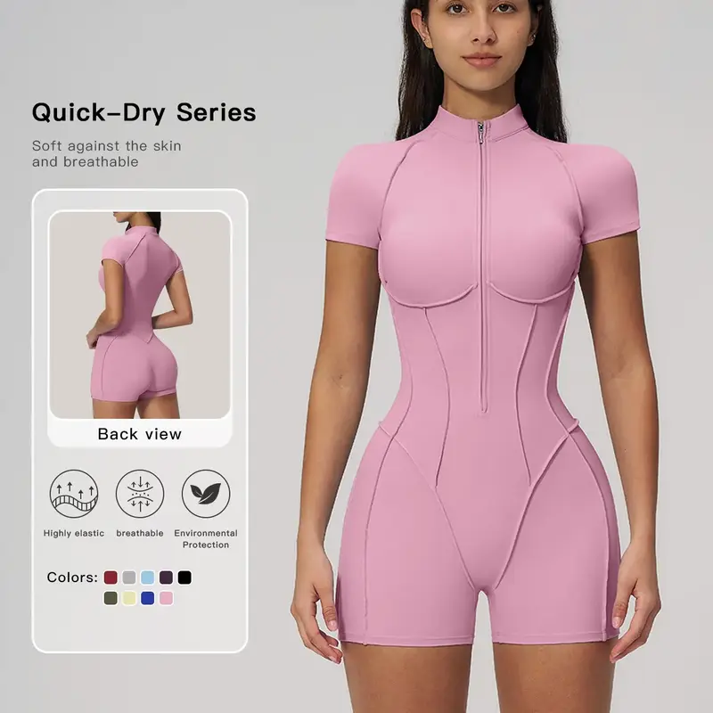 European and American Cross-Border Fitness Jumpsuit, Stand Collar Zipper, Sporty Style, Plain Pattern, All Seasons, Home Training Yoga, Tight Fitting Jumpsuit