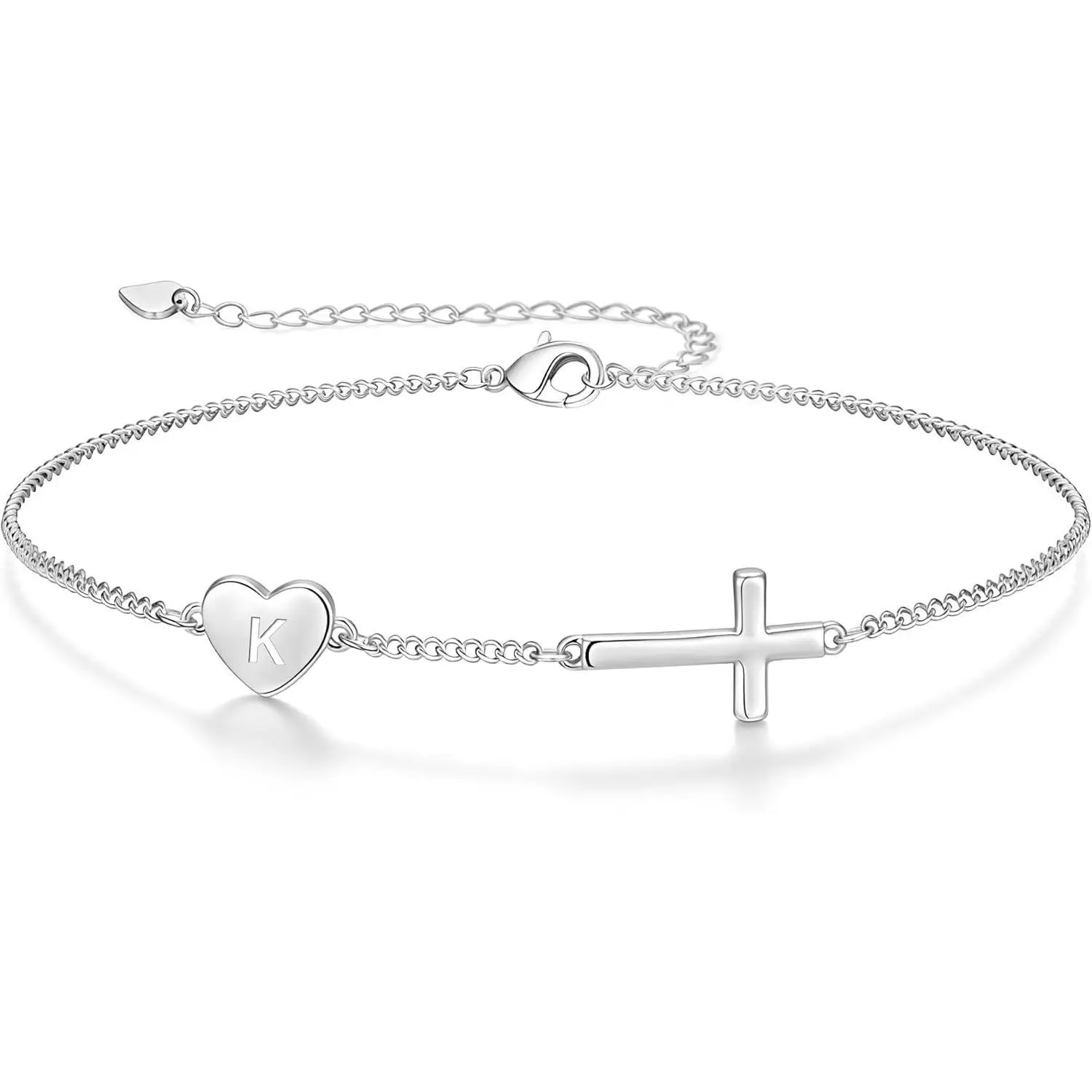 Lunvky 14k Gold Plated Initial Cross Bracelets for Women, Silver Dainty Cute Heart Name Letter Bracelet for Teen Trendy Stuff Confirmation Religious Christian Jewelry Birthday Graduation Gifts