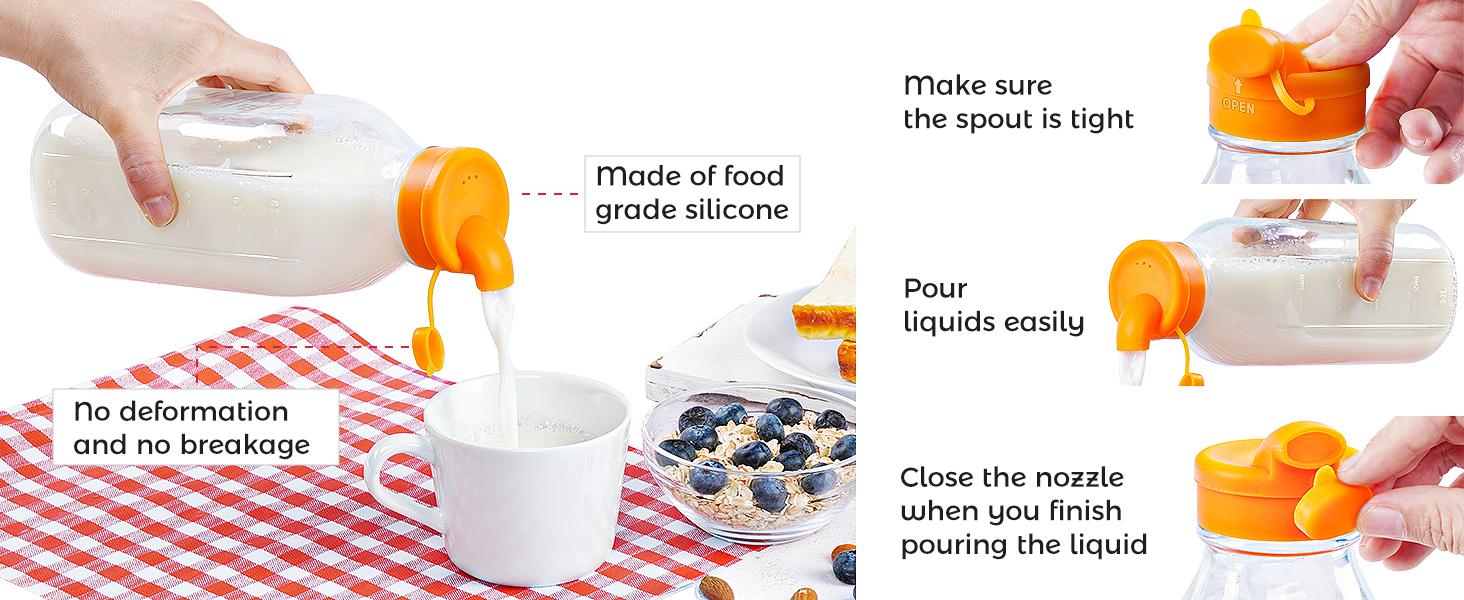 32 oz Reusable Glass Milk Bottles with Silicone Dispenser Cap, 2 Pack Glass Jars with Airtight Screw Lid, Leak Proof Juice Bottles with Scale Mark Breastmilk Storage Container for Fridge 32 oz Reusable Glass Milk Bottles with Silicone Dispenser Cap, 2 Pack Glass Jars with Airtight Screw Lid, Leak Proof Juice Bottles with Scale Mark Breastmilk Storage Container for Fridge