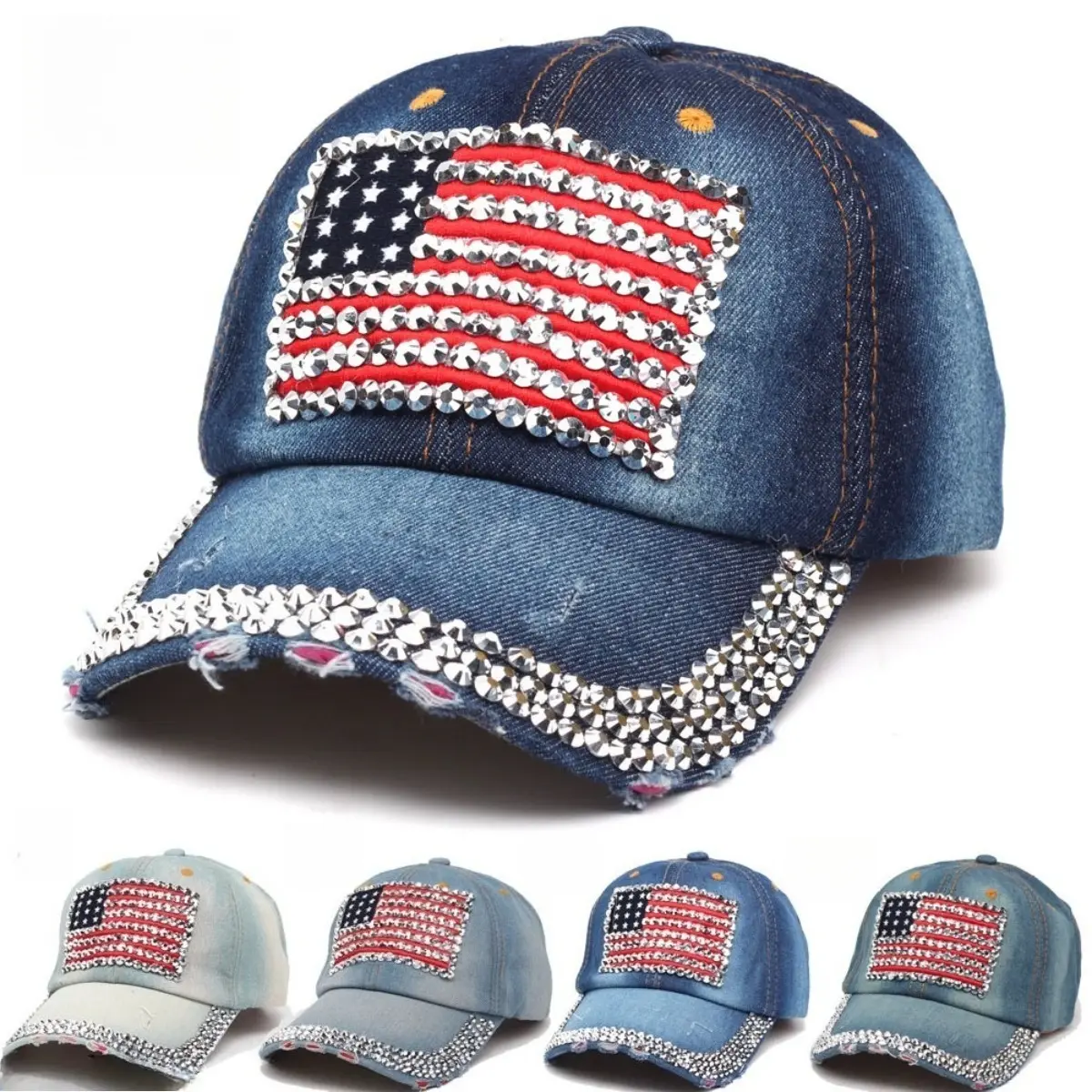 2026 Stylish Adjustable Rhinestone American Flag Baseball Cap - Breathable Fabric, Durable Stitching, Sun Protection Visor, Unisex Unmatchable Hat for Outdoor Daily Spring & Summer Wear, Durable Stitching Craft, Unisex Wear, Outdoor Wear