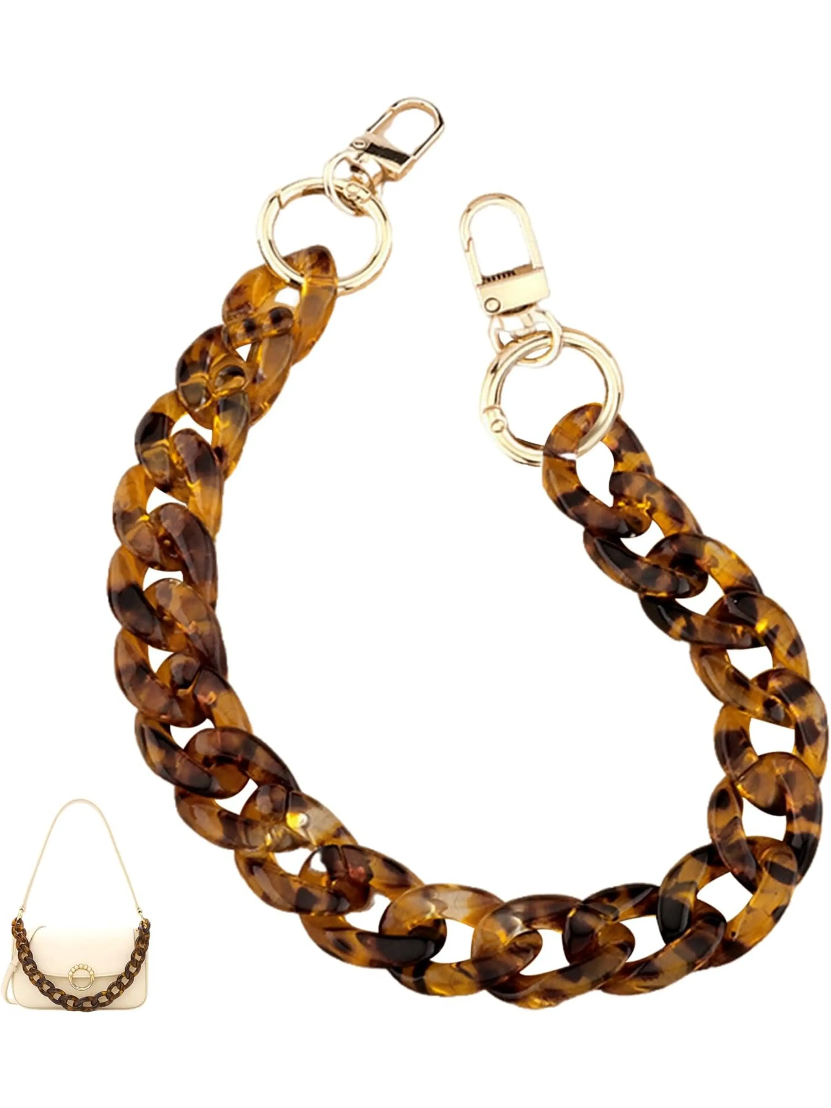 Resin Purse Strap, Chain for Purse, Bag Chains for Handbags, Bag Charms Chain, Bag Straps – Only 14.1-17.72 Inches Acrylic Short Thick Leopard Resin Strap with Gold Buckle, Purse Handle Replacement, Purse Accessory (1PCS)
