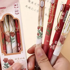 4-Pack Flower Push-Button Neutral Pens, 0.5mm Ink, Cute Floral Design, Ideal for Students and Office Use, High-Quality Writing Tools