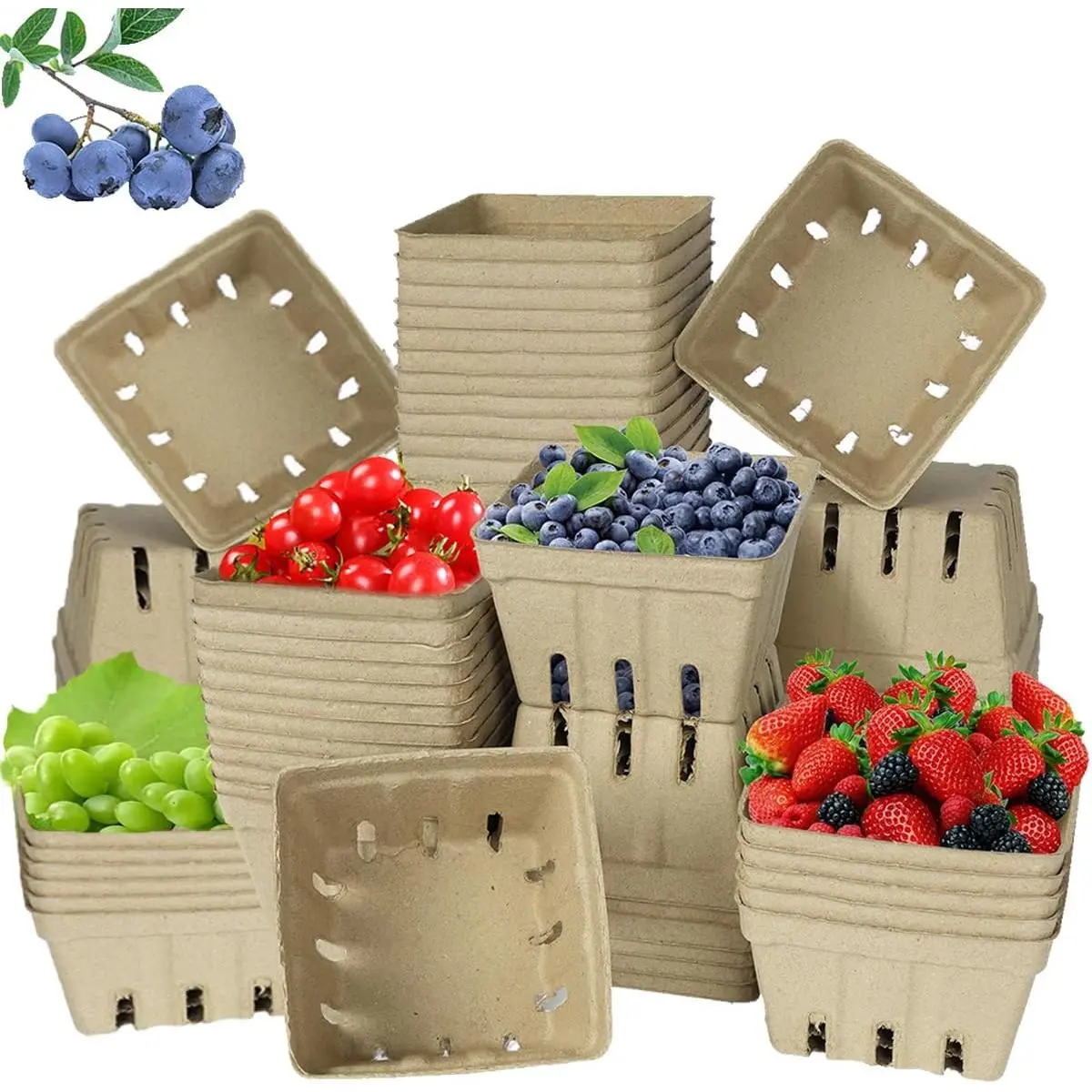 30 Pack  Pulp Fiber Berry Baskets, Vented Produce Containers |  pulp fiber berry baskets with vented design, ideal for strawberries, blueberries,markets and kitchen use.