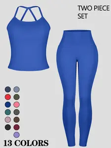 Multicolor Milk Silk Cross Back Set, Thin Strap Tank Top, Side Pocket High Waist Pants, Stretchy Breathable Yoga Workout Two-Piece Set