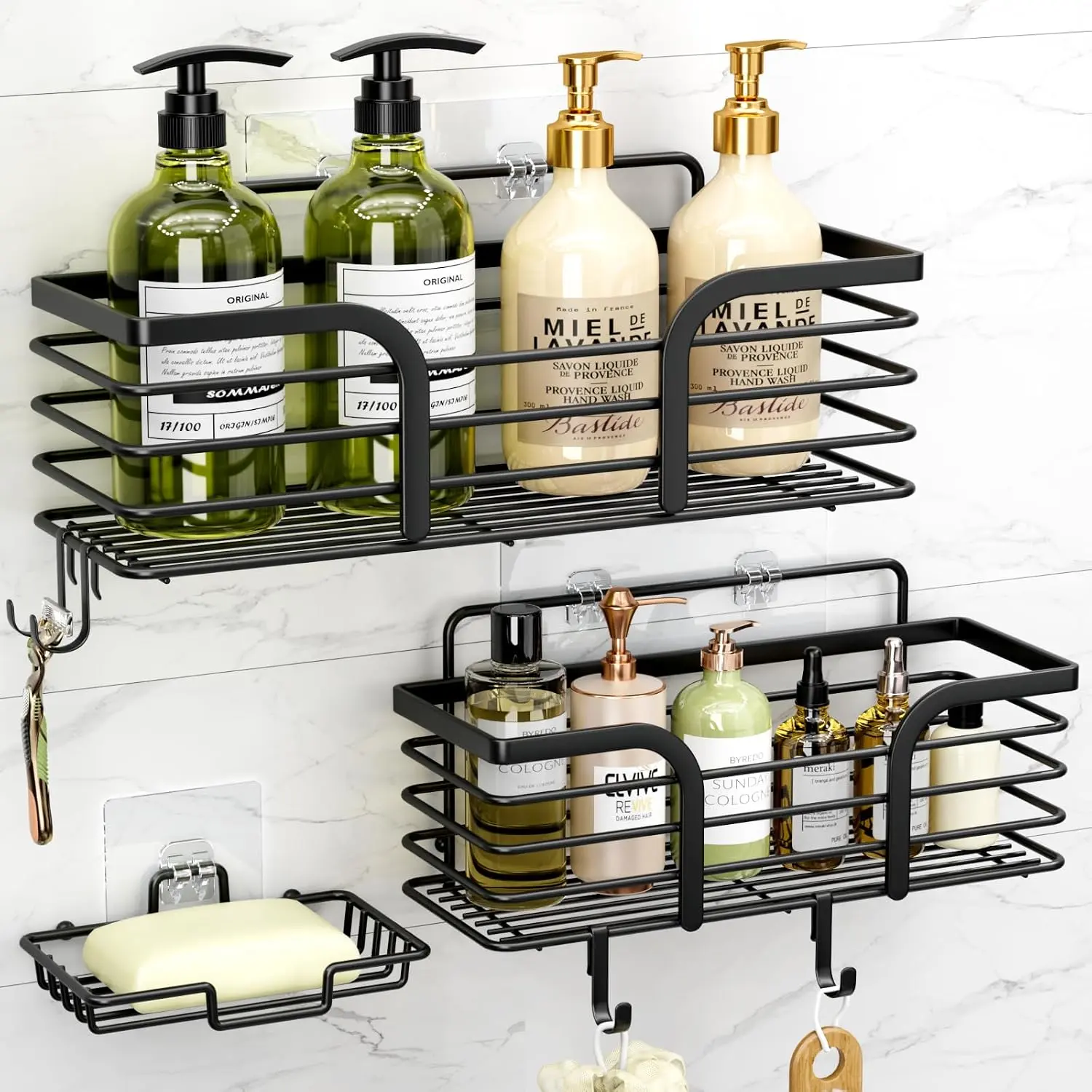 Shower Organizer with Soap Holder and Hooks for Bathroom (Black) | Rustproof , No Drilling, Wall-Mounted, Kitchen &  Decor