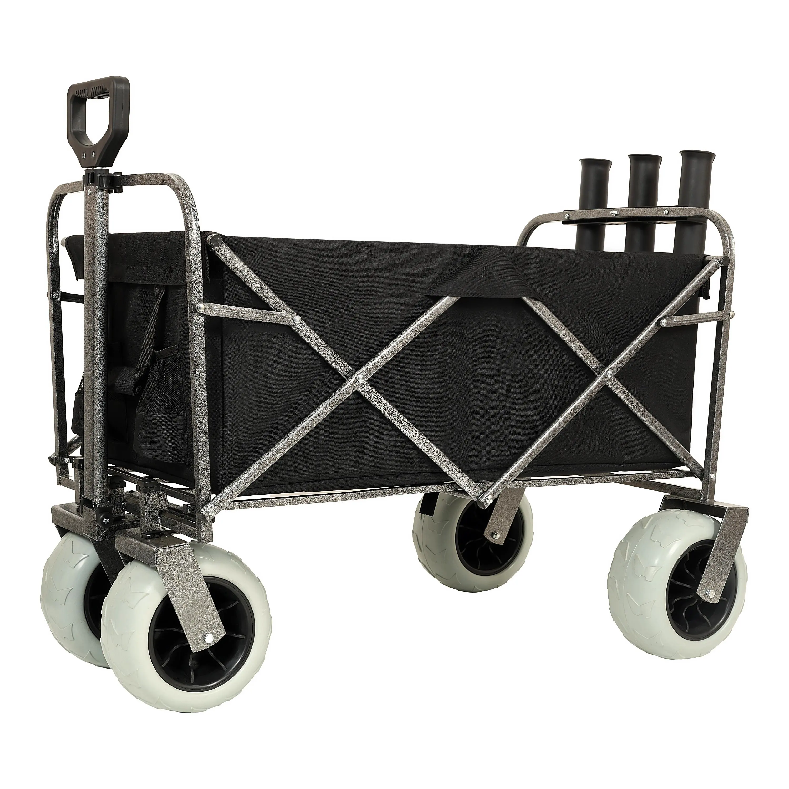 Nokaa Fishing Cart with Rod Holders, Beach Wagon with Big Wheels for Sand, 500lbs Capacity All-Terrain Steel Frame Utility Cart with 9" Pneumatic Tires, Strap with Multiuse Bag, Black