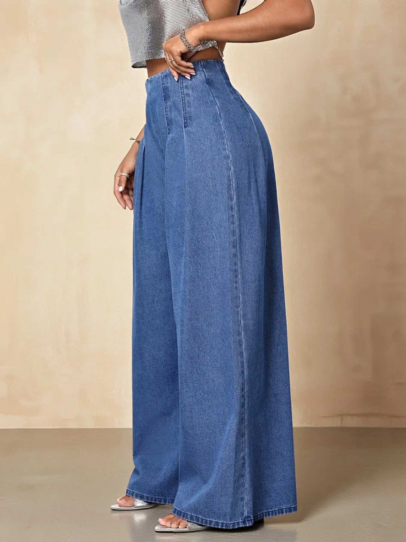 Women High Waist Pleated Wide Leg Jeans, Dark Blue Non Stretch Seamed Loose Floor Length Denim Trousers, Y2K Vintage Streetwear Baggy Pants