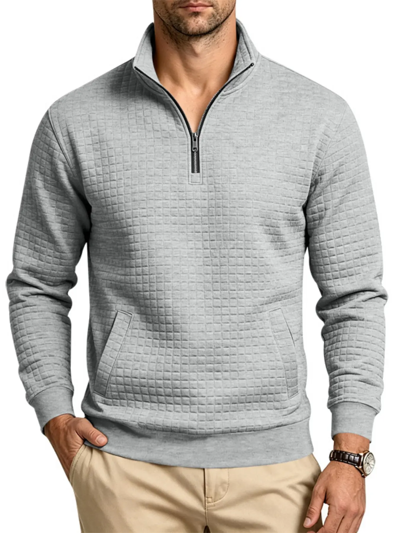 Winter and autumn men's solid-color knitted quarter-zip long-sleeved pullover sweatshirt - with a pocketed stand-up collar, a warm and soft fabric base layer suitable for daily and outdoor wear, a fashionable item