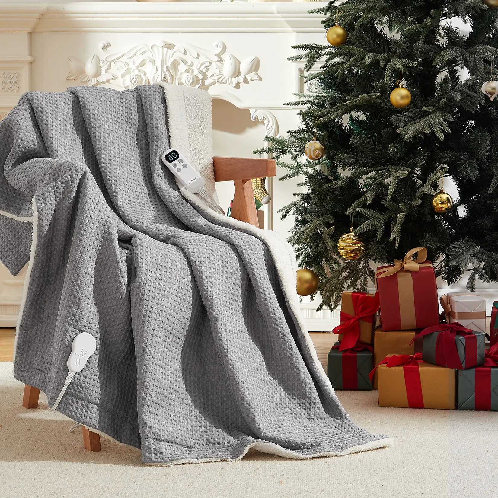 Heated Waffle Weave Throw Blanket - 240 GSM Polyester Fleece Cotton Blend, Gray, Wireless LCD Controller, 6 Heat Levels, Timer, 84x90 in or 90x100 in Sizes, 84 X 90 Inches, 90*100 Inches