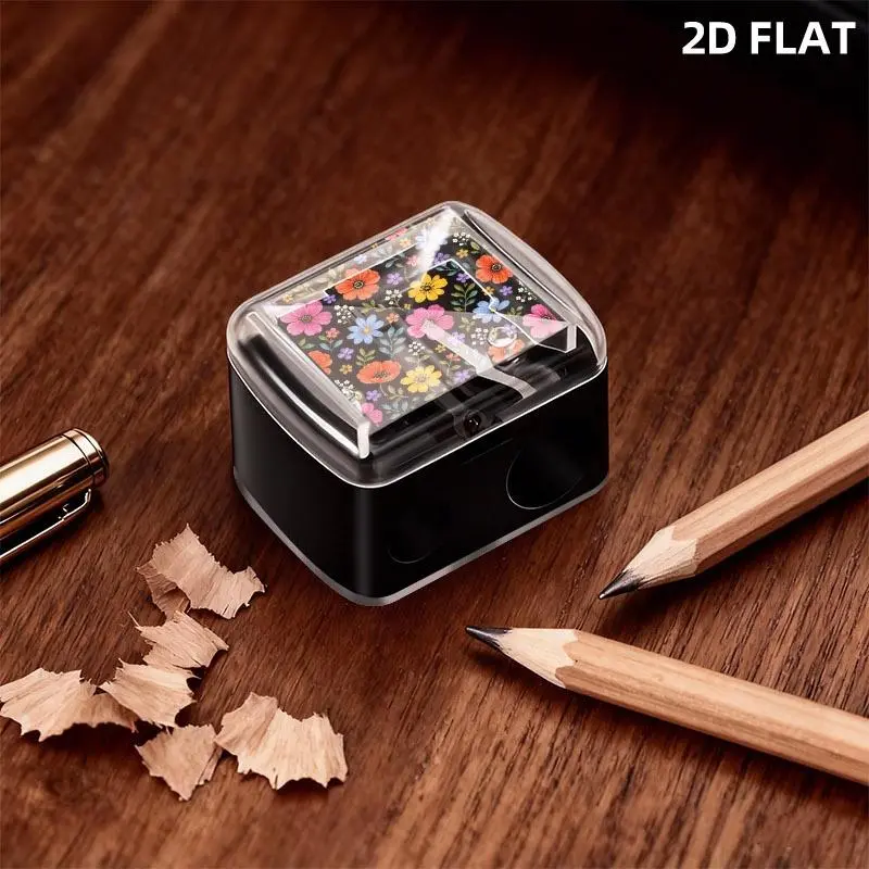 Vibrant Dense Floral Pattern Black Makeup Pencil Sharpener, Whimsical Colorful Flower Print with Green Leaves on Solid Black Background, 1 Piece Pack, Portable Cosmetic Sharpener for Daily Makeup Use
