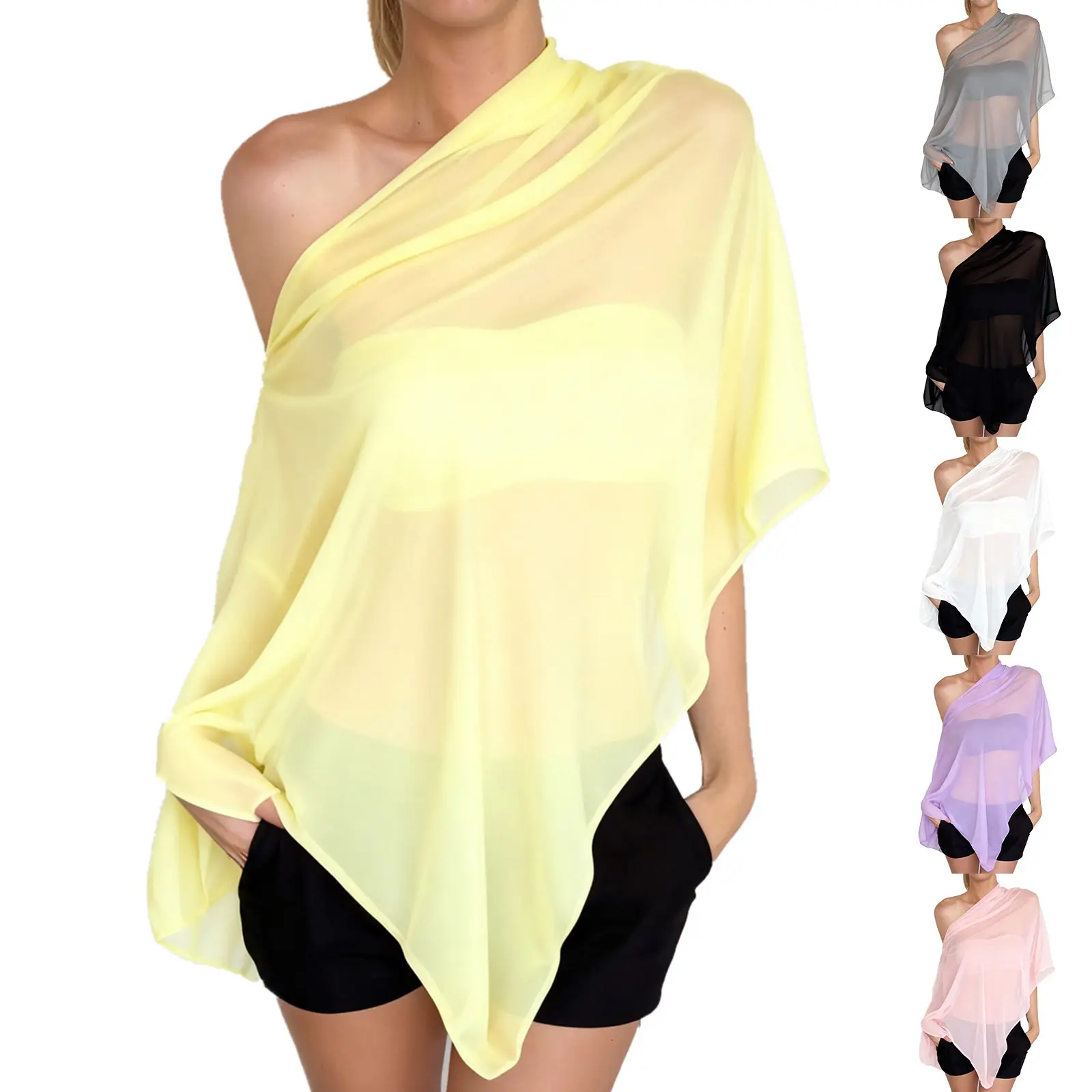 Women Sheer Poncho Shawl Asymmetrical Off-the-Shoulder Mesh Flowy Tops Loose Blouses Beach Cover up for Party Club