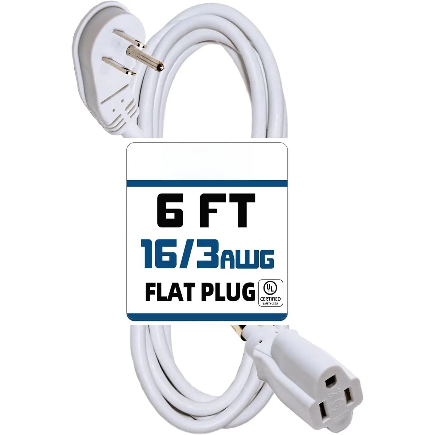 Flat Plug Indoor Extension Cord 6 ft, 3 Prong 13A Power Cord, 16 Gauge Heavy Duty White Extension Cord for Garage, Garden and , 16/3 SJTW, UL Certified