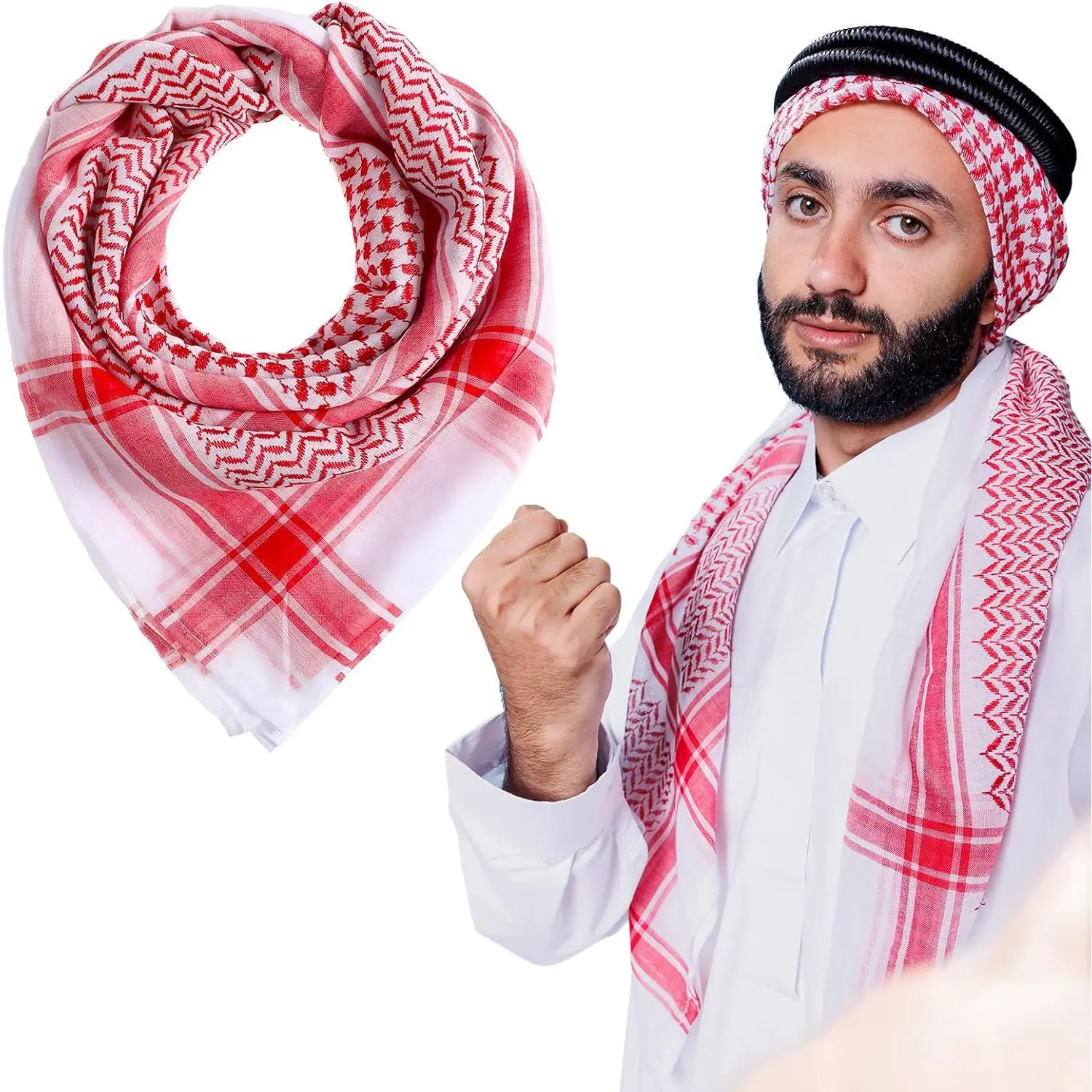 Men's Red Striped Synthetic Keffiyeh Shemagh Scarf - Arab Hand Wash UV Protection Headwear for Everyday Casual Outfits, Adventure Use (Suitable for Women), 55 X 55 Inches, All Seasons, Square, Checkered, Clothes