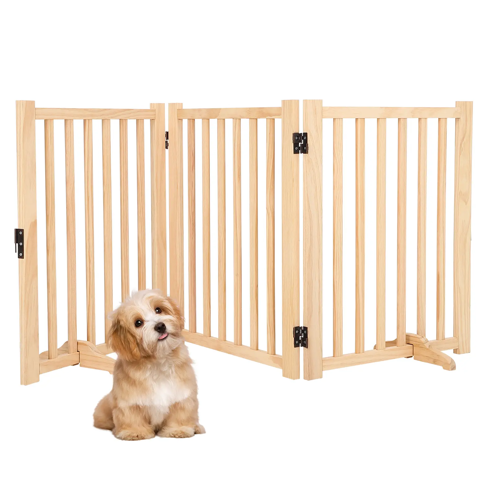 Foldable Wooden Dog Gate, with Support Feet,3 Panel H:24” | Freestanding Pet Fence with Support Feet,Indoor Dog Fence for The House,Doorways, Stairs, Expandable Pet Fence