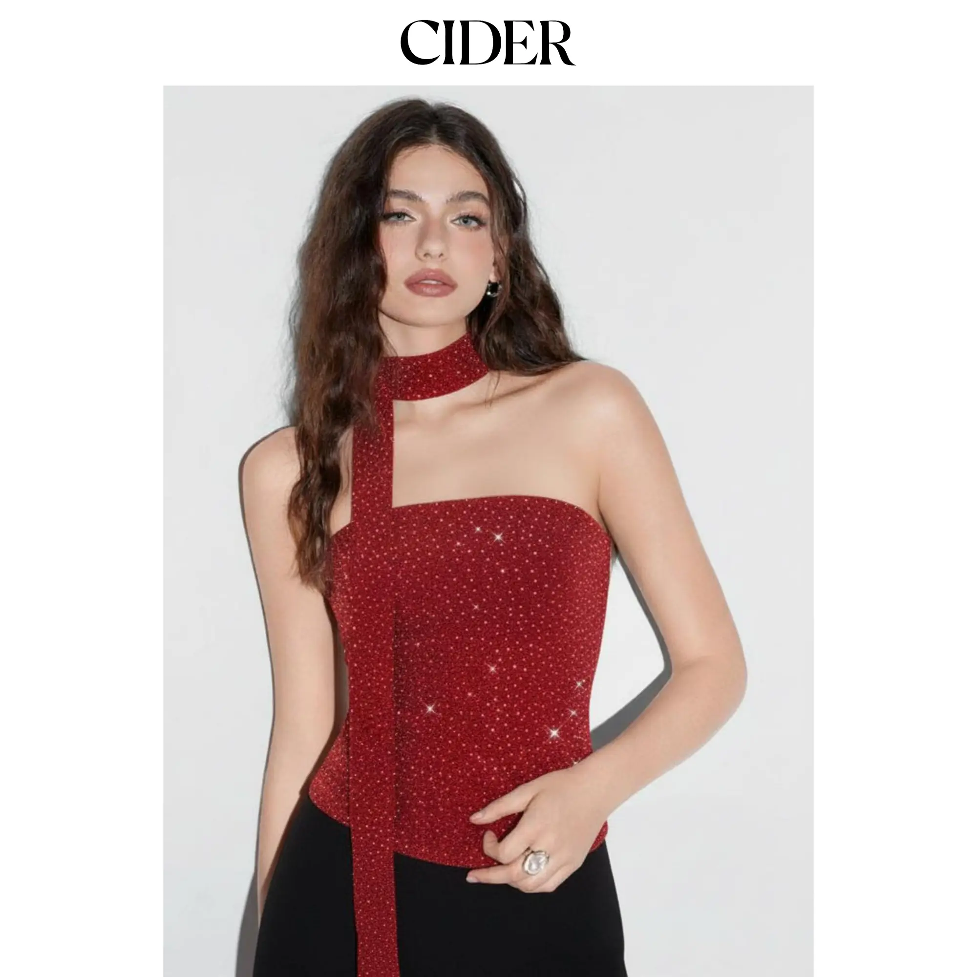 Cider Sequin Mesh Rhinestone Bandeau Top With Scarf SummerWins SummerFinds