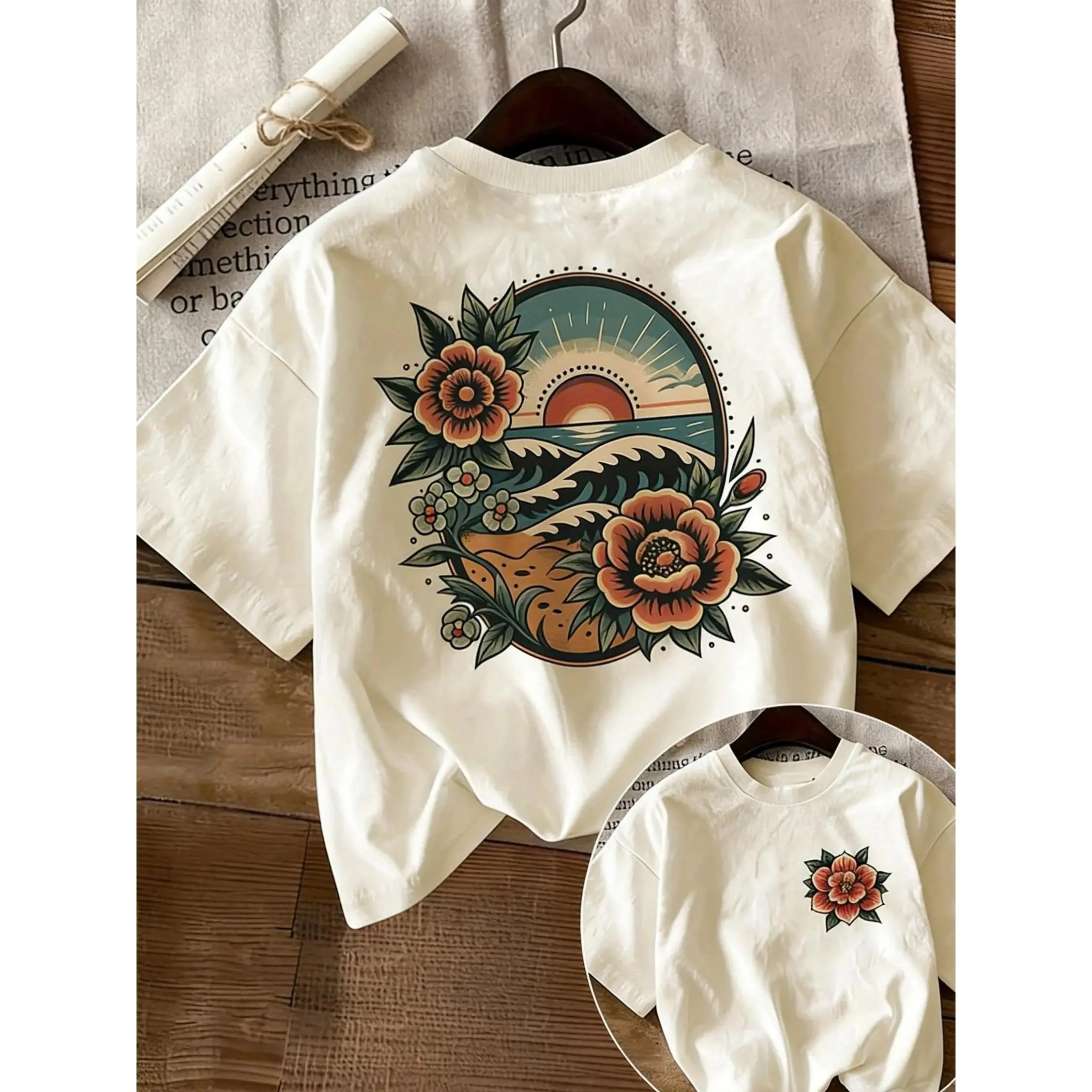 Women’s Cotton Graphic Tee - Sunset Floral Print, Vintage Artistic Design, Short Sleeve Crewneck, Soft Breathable Relaxed Fit, Streetwear Clothing, Shirts for Women, T Shirts, Vintage Graphic Tees for Spring Summer Everyday Wear, T Shirts For Women, Crew