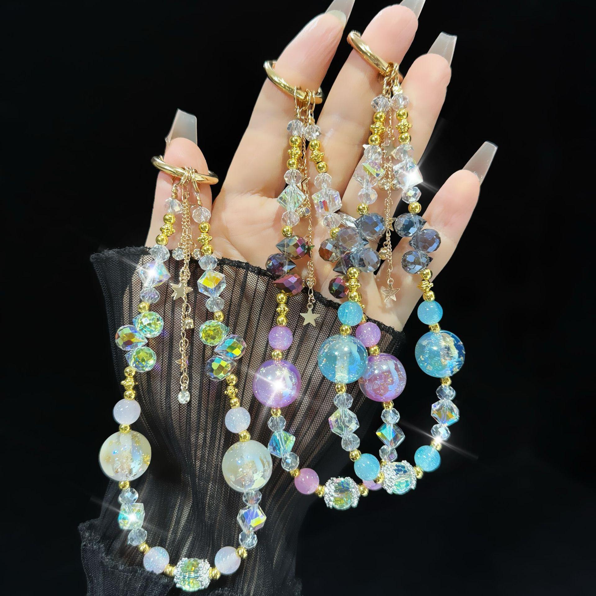 For Light Luxury Crystal Mobile Phone Chain Beaded Short Wrist Chain Fashion Butterfly Pendant Gold Leaf Hand-Made Lanyard