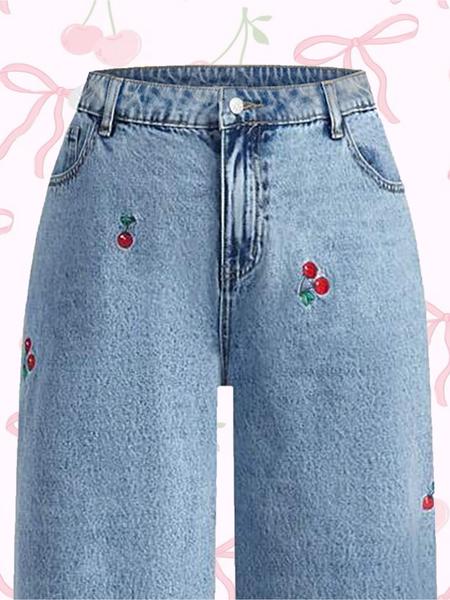 Women's Hand Embroidered Cherry Casual Straight Leg Wide Pants, Elegant Woven Denim Jeans, All Seasons Fashion, Comfortable Fit Trouser