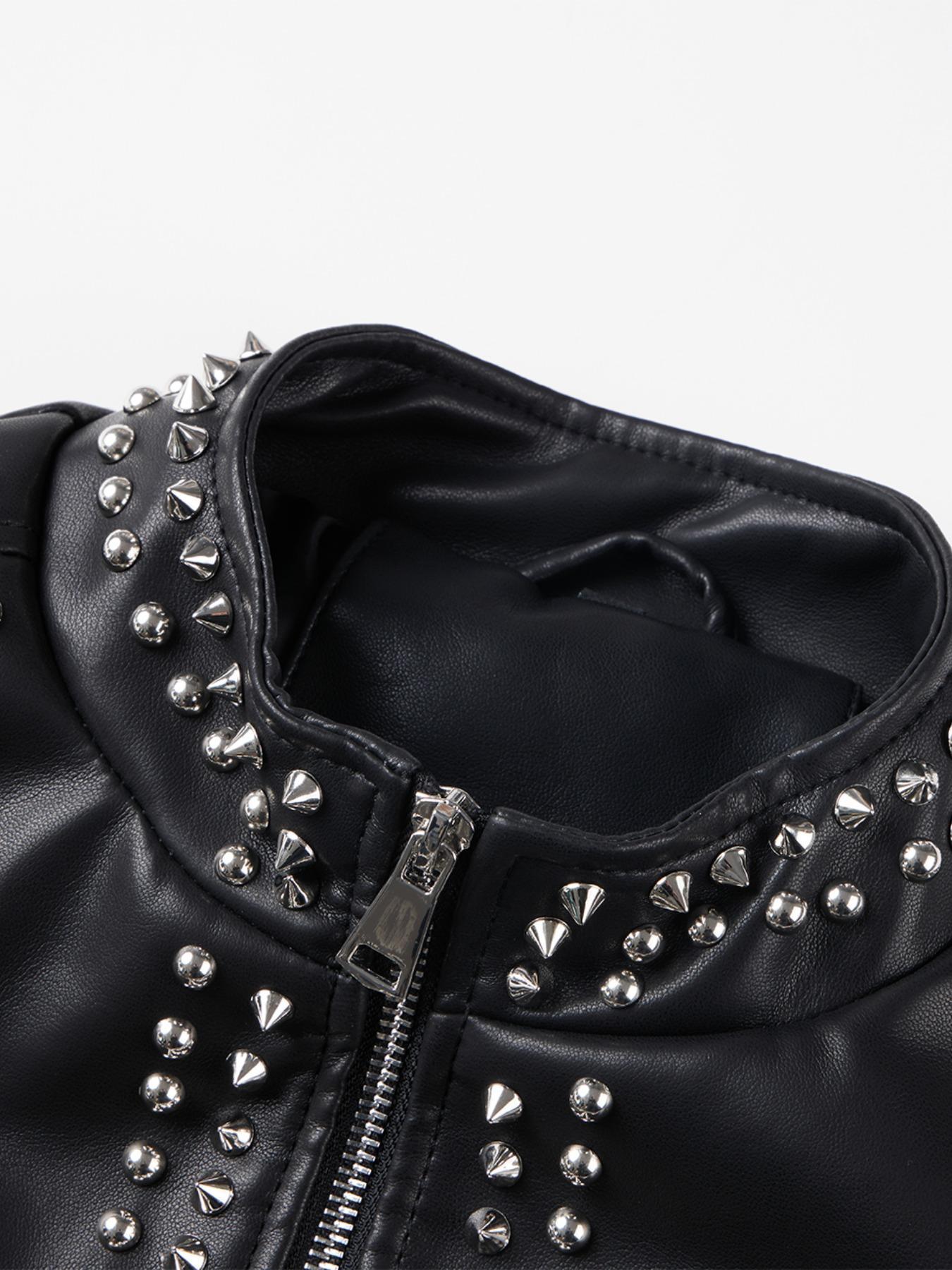 Women's Spring Autumn Jacket, Casual Fitted Long Sleeve, Vintage Stand Collar, Rivet Motorcycle Jacket with Zipper Pockets