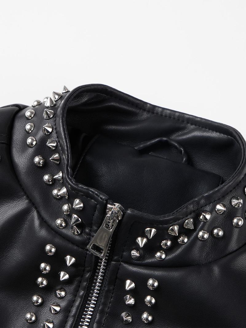 Women's Spring Autumn Jacket, Casual Fitted Long Sleeve, Vintage Stand Collar, Rivet Motorcycle Jacket with Zipper Pockets