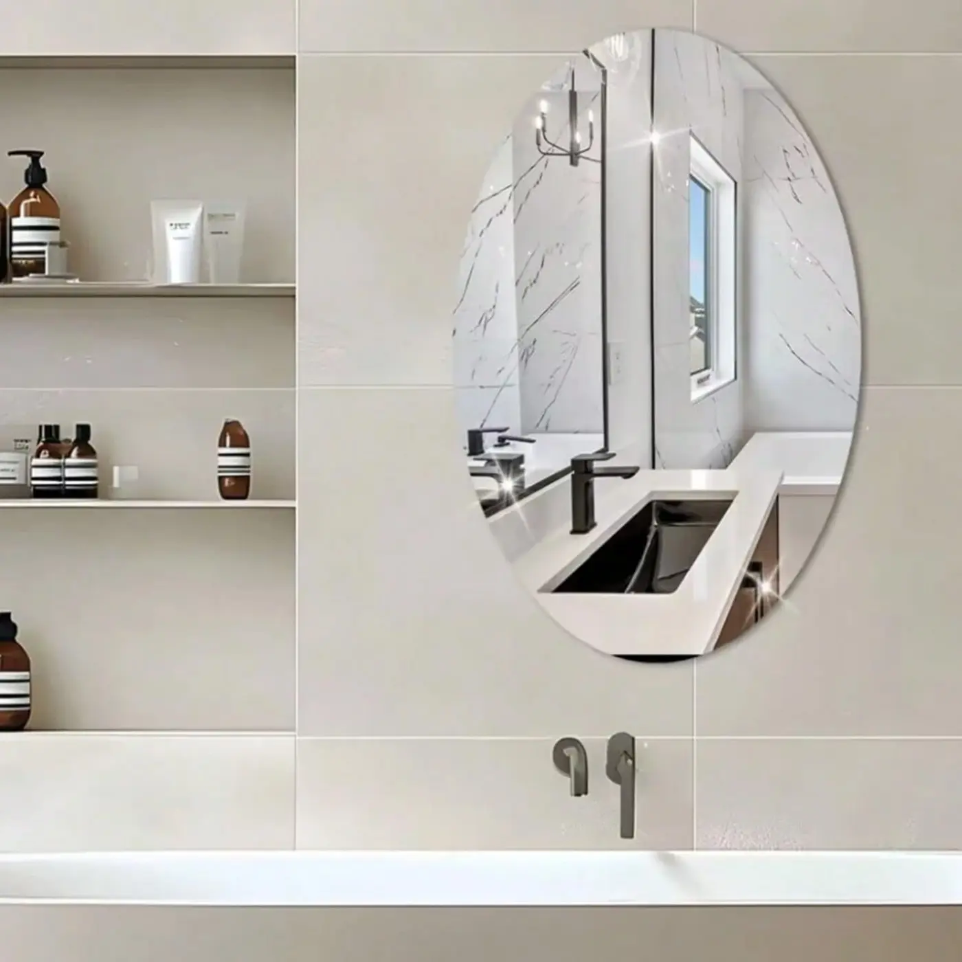 Modern Acrylic Oval Mirror, Self-Adhesive, Scratch-Resistant, Bathroom Vanity Mirror, Sleek Silver Color, Minimalist Aesthetic, Home & Dorm Decor