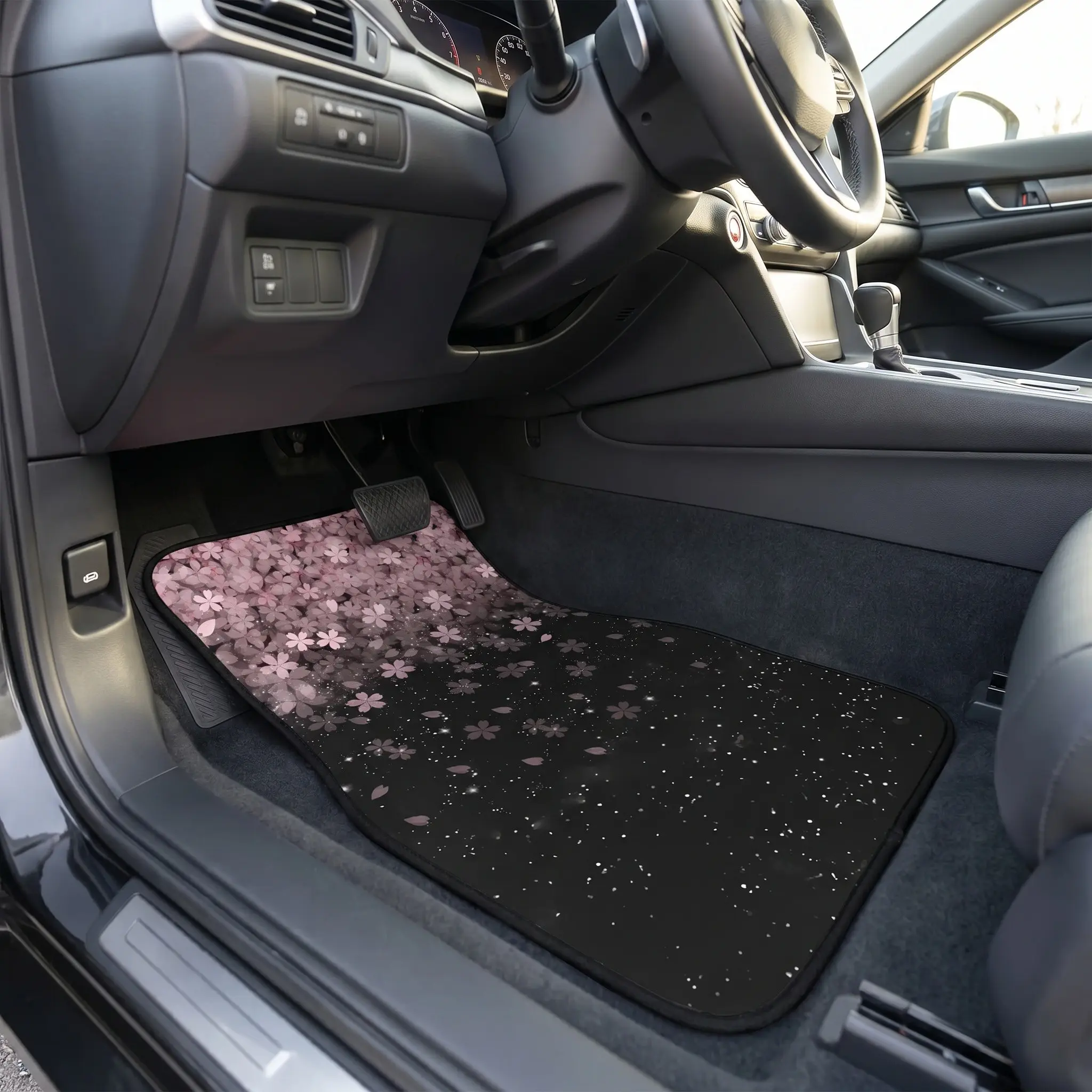 4-Piece Cherry Blossom Car Floor Mat Set, Universal Front and Rear Interior Mats with Textured Non-Slip Backing, Black and Pink