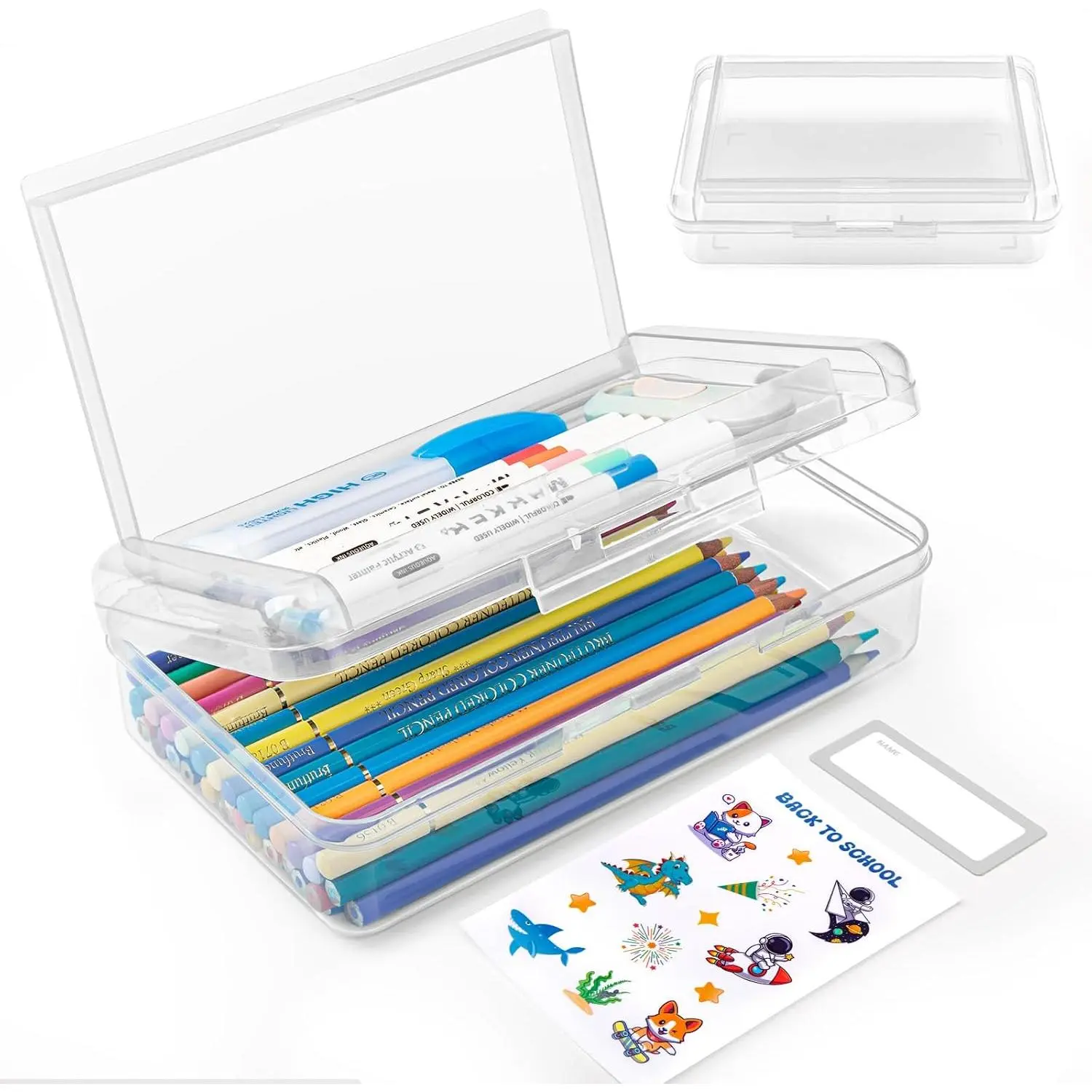 Double Layer Plastic Clear Hard Pencil Cases Box with Personalized stickers | Colored Cute Pen Cases Box for School Office Supplies Marker Crayon Organizer Storage Box,Standard Size