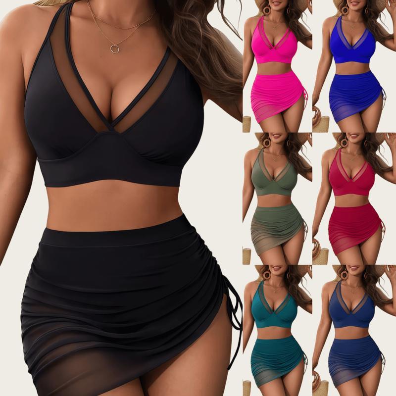 2 Piece Tankini Swimsuits,Mesh Sarong Wraps Bathing Suits Womens High Waisted Tummy Control Bikini Sets,Swimsuits for Women,short bathing suit set,bathing suits for the summer Multicolor V-Neck swimwear