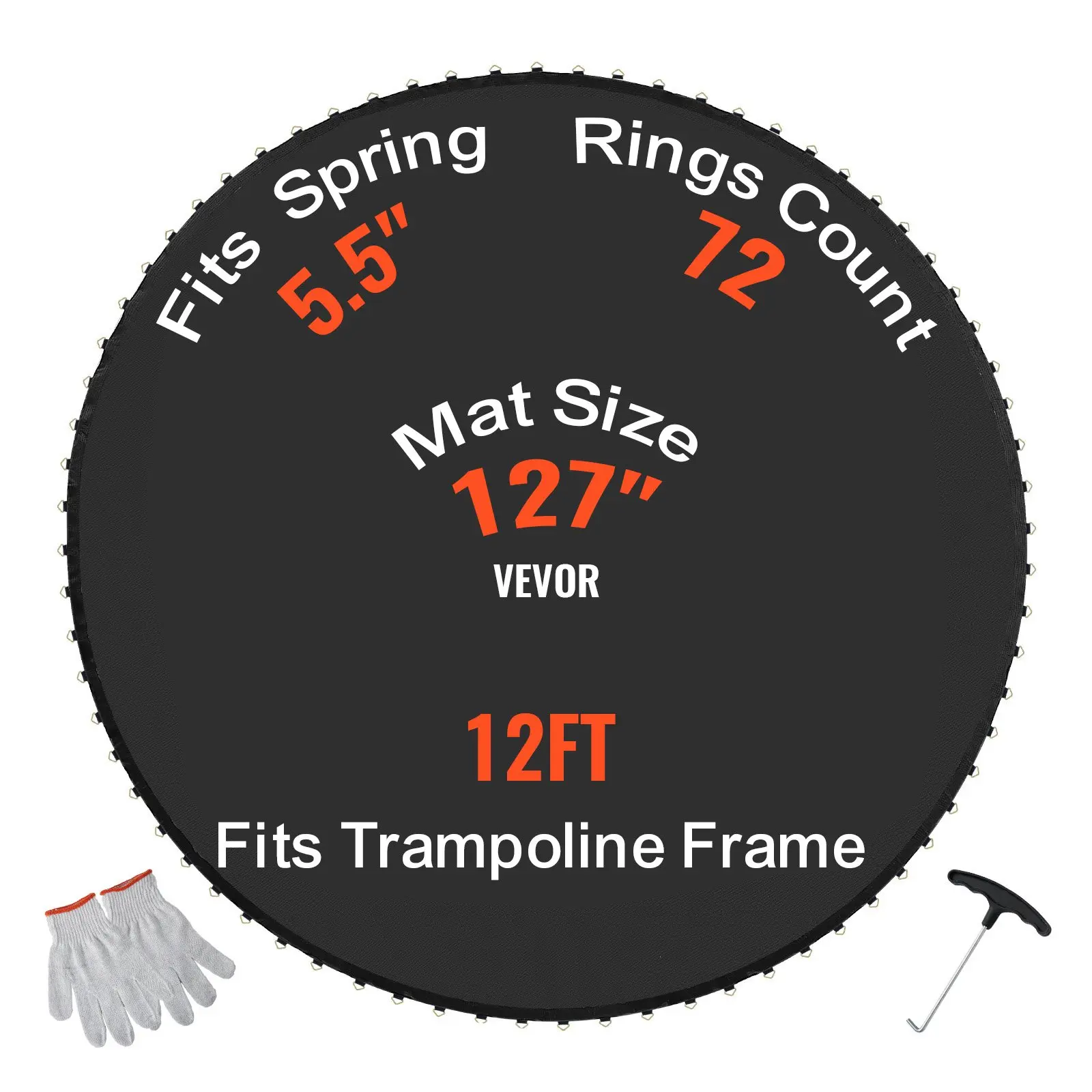 VEVOR Replacement Trampoline Mat, Jumping Mat Fits 12ft Frame, Universal Jumping Mat for 12ft Round Trampoline, Reinforce UV-Resistant Mat with Spring Tool Durable V-Rings, Fit 5.5" Spring Length