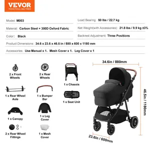 VEVOR Standard Baby Stroller, Infant Toddler Stroller with Bassinet, 3rd-Gear Adjustable Backrest Foldable Reversible Seat, Carbon Steel Newborn Stroller with Leg Cover and Mesh Net, Black