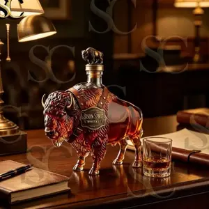 Hand Blown Borosilicate Glass Bison Whiskey Bottle 350ML, Cool Decor for Bars, Luxury Gift Idea, Unique Whiskey Bottle Design