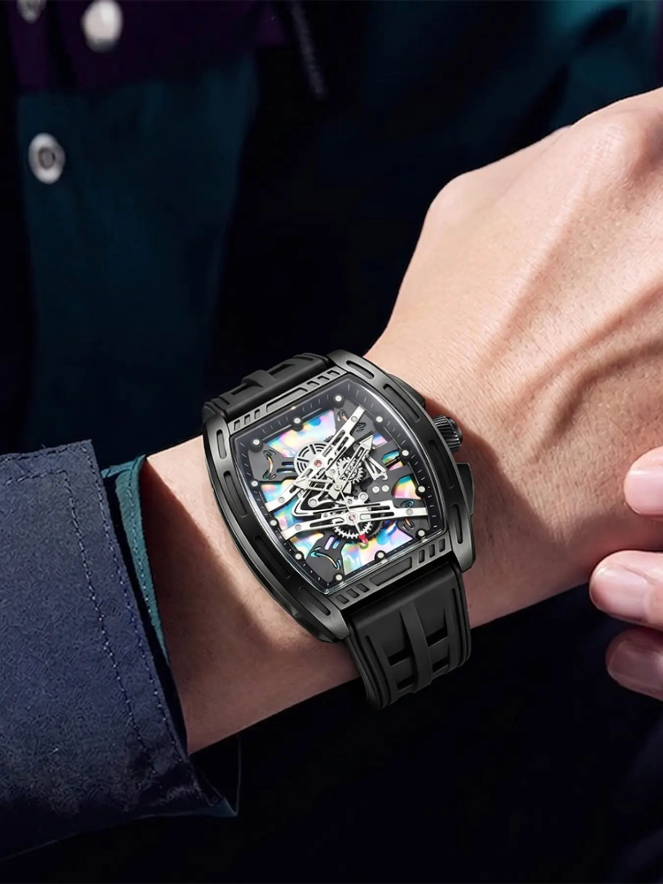 Men's Mechanical Bucket Watch, Hollow Out Analog Quartz Movement, Silent Waterproof Sports Watch, Battery Included