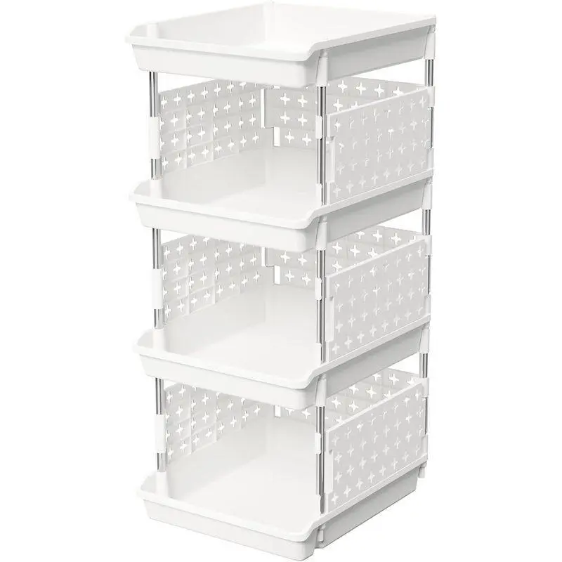 Plastic Stackable Storage Baskets, 4 Tier Stacking Bins for Food, Clothes and Toys, Multifunctional Organizer for Pantry, Kitchen, Bathroom, Office and Storage Room